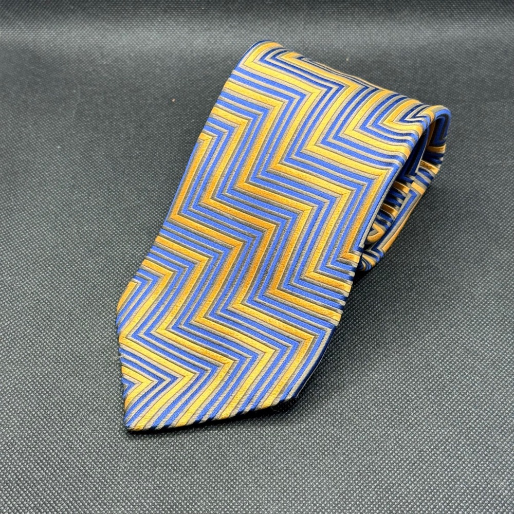 Ermenegildo Zegna Blue Gold Chevron Silk Tie Luxury 3.5" x 58" Made in Italy
